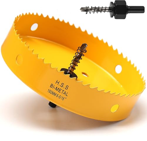 160mm Hole Saw, HSS Bi-Metal Hole Cutter with Drill Bit for Wood, Plastic, PVC, Fiberglass and Plasterboard, Yellow