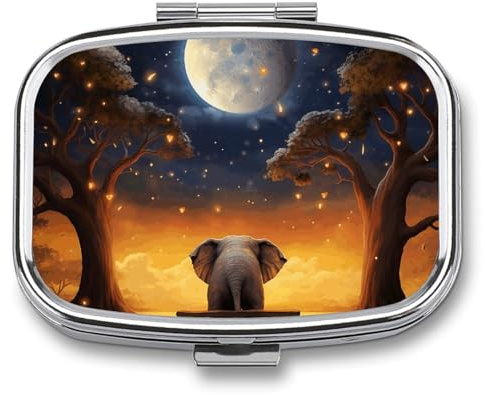 Pillendose mit Tiermotiv, Elefant, Eule, Baum, Mond, Stern, klein, Metall, für Geldbörse und Tasche, 2 Fächer, Pillen-Organizer mit Spiegel, Reise-Pillendose, Medikamentenkoffer, tragbarer