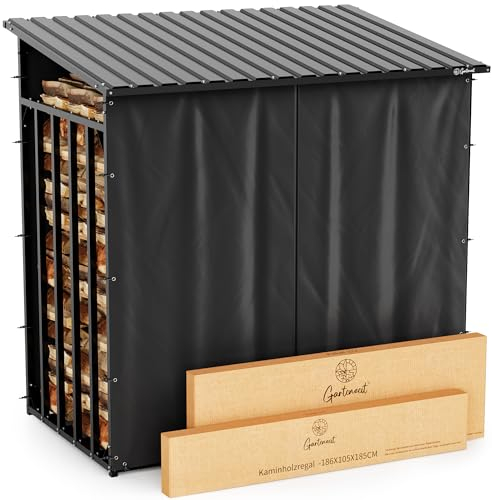 Gartenzeit® Kaminholzregal Außen XXXL 186x105x185cm – 3,45m³, 5,25SRM, Metallrahmen 30x30mm, Metalldach, feuerverzinkt, 105cm tief, Brennholzregal Holzstapelhilfe Holzunterstand Außen… (FH_003)