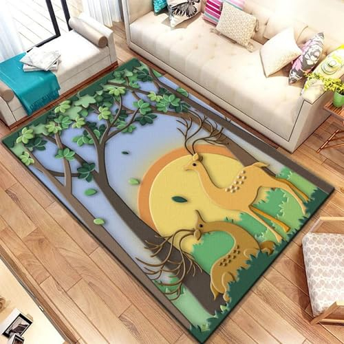 3D Gedruckt Bettvorleger Rutschfeste Area Teppich, Elch Waldtier Hirsch Cartoon-Zeichnung 3D Optische Illusion Teppiche Weich Flanell Bodenteppich Wohnzimmer Schlafzimmer Throw Runner Teppiche -0Q3I3G
