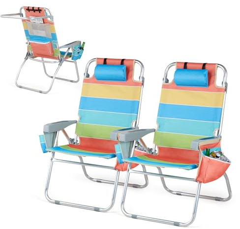 VINGLI Tall Beach Chair 2 Pack, with 5-Position, Cooler Bag, Cup Holders, Towel Bar, Lightweight Folding Beach Camping Chairs for Adults(Rainbow-16)
