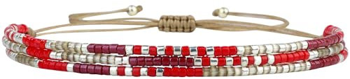 C·QUAN CHI Strang Armband für Damen echte geflochtene Miyuki Perlen weiches Baumwollseil größenverstellbar stapelbarer Schmuck (Rot)