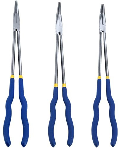Professional Long Reach Pliers Set 16 Inch Multi Purpose Long Nose Pliers with Straight, 25°/45°/90° Bent Head & O-Shape Tips, Durable Steel Construction for Automotive, Electrical, Plumbing(3PCS)