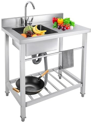 Spülbecken Edelstahl Freistehender, Spülenschrank mit Spüle und 360° Armatur, Waschbecken Küche, Verstellbare Füße, für Badezimmern, Bauernhöfen, Hinterhöfen, Wäschereien