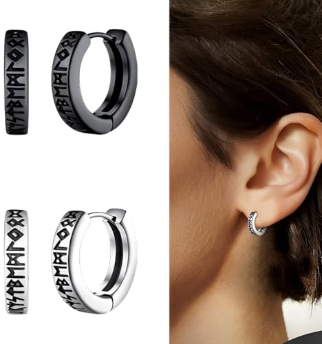 XPEX 2 Pares Pendientes Vikingos Runas Plata De Hombres, Protección De Amuleto, Pendientes Hombre Acero Inoxidable, Aretes Con Bisagras Con Runas Nórdicas De Futhark(Negro/Plata)