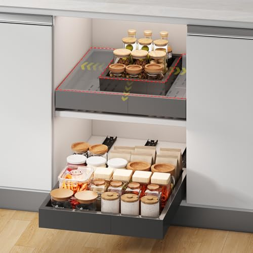 Fokyfok Pull out Cabinet Organizer,11-16W,17-24D,Expandable,Adhesive | No Drill,3 Rails,Adjustable Slide out Drawers for Kitchen,Pantry,Roll out Shelves,for Cabinets Without Lip,Bathroom,Black,1PC