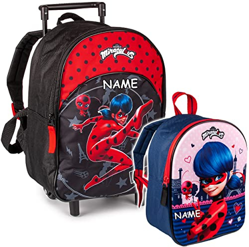 alles-meine.de GmbH 2 TLG. Set: Kinder Trolley & Rucksack Miracul. - Ladybug und Cat Noir inkl. Name - wasserabweisend & beschichtet - für Mädchen & Jungen - Trolly mit Rolle..