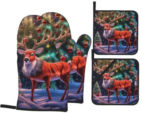 Ofenhandschuhe und Topflappen-Set, Weihnachts-Rentierbäume, hitzebeständig, Küchen-Backhandschuhe, rutschfeste Oberfläche zum Kochen, Backen, Grillen, Grillen