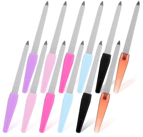 12 Pcs Metal Nail File for Natural Nails Sword Shape Fingernail Files 410 Stainless Steel Nail Files with Non-Slip Handle Sapphire Grit Nail Files for Women and Men(Multi-Color)