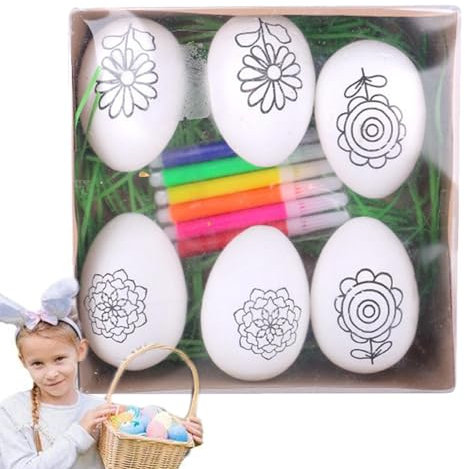 Generico Uova di Pasqua da dipingere,Uova di Pasqua da dipingere per bambini - Kit per colorare le uova con tintura per arti e mestieri,6 uova verniciabili, cestini pasquali per ragazze e ragazzi