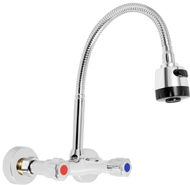 Edelstahl Wasserhahn Wandmontage, 360° Kalt und Heiß Küchen Wasserhahn, Sanfter & Spritzfreier Wasserabfluss, 2 Wasserabgabemodus, Einhebelmischer Wandarmatur, Silber