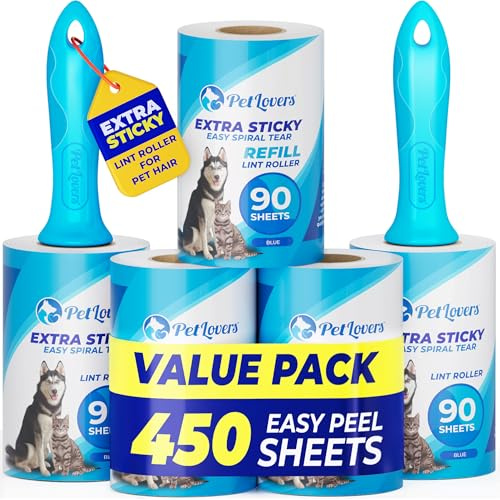 PetLovers Extra Sticky Lint Roller Mega Value Set 450 Sheets for Pet Hair Removal Dog and Cat Lint Remover 5 Pack Light Blue