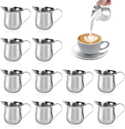 Afenau 12 PCS Small Milk Jugs, 90ML Stainless Steel Milk Jugs with Handle, Milk Jug Small Gravy JUG, Sauce Pots, Sugar Pot, Sauce JUG, Milk Frothing Jug Creamer Pitcher for Coffee