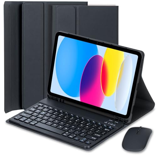 EHLCYS Tangentbordsfodral för iPad 10 generationens 10,9-tums 2022 med mus Avtagbart trådlöst Bluetooth-tangentbord Ultratunt Folio-ställ Tangentbordsfodral med pennhållare,Black