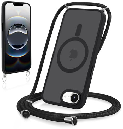 Yodege Magnetische Handyband für iPhone 16e 6,1 Hülle mit Band, Handyhülle Kompatibel mit MagSafe, Matt Transluzente PC + TPU Stoßfest Schutzhülle mit Abnehmbar Kordel zum Umhängen Case, Schwarz