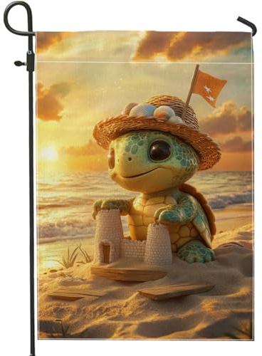 Süße Schildkröten-Strand-Gartenflagge, niedliche Meeresschildkröte mit Strohhut und Sandburg, Outdoor-Dekoration, Sommer-Rasenbanner für Kinderzimmer oder Strandparty, 30,5 x 45,7 cm
