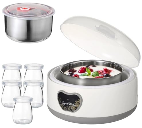 15W Yogurt Maker Machine, 1.2 L Automatic Stainless Steel Yogurt Maker with 5 Tight Seal Glass Jars, Auto Constant Temperature, PTC Heating, Home Yogurt Machine, Healthy Present