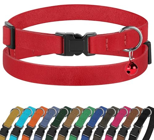 Breakaway Cat Collar Leather with Removable Bell - 13 Colors Available - Soft Adjustable Girl Boy Safety Lightweight Pet Kitten Collars Pink Brown Blue Green Red Orange Black (Red)