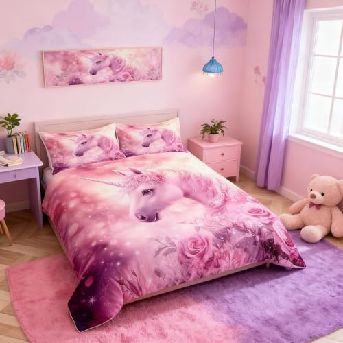 Homemissing Einhorn Bettwäsche Set 135x200cm Mädchen Kinder Bunt Blumen Bettbezug Prinzessin Stil Betten Pink Kawaii Einhorn Bettwäsche-Set