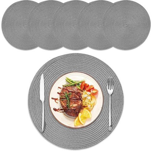 HAGOT 6PCS Runde Platzsets Set, Abwaschbar Hitzebeständig Gewebte, Tischsets rutschfest, Platzdeckchen für Küche Speisetisch, Hellgrau, 38CM