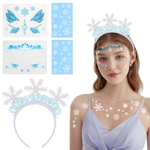 Kiiwah Serre Tete Noel Flocon, Bandeau Noel Femme Flocon de Neige Tatouage Temporaires Adulte et Enfants pour Thème Fête Costume Accessoires Noel