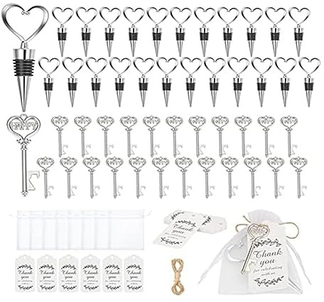 Elqater 24 Pieces Key Bottle Opener and 24 Pieces Wine Cork Set Wedding Favours Wedding Table Decoration