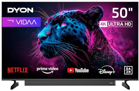 DYON Movie Smart 50 VX-S 50 Zoll 4K UHD Smart Fernseher mit Soundboost | VIDAA OS, HDR10, AirPlay, waipu.tv, Prime Video, Netflix, Triple Tuner DVB-C/S2/T2, WLAN, Hotelmodus, klare Sprachwiedergabe