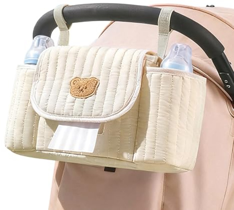 Bolsa organizadora para cochecito, bolsa de almacenamiento con apertura de pañuelos, soporte para pañuelos con correa ajustable, para pañales, juguetes, teléfono, botella, paseo al aire libre