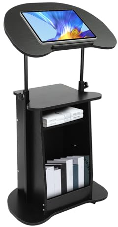 Portable Presentation Stand Adjustable Height Wooden Lectern with Universal Wheels, 0-90 Degree Tilt Desktop & Anti-Slip Bar Sturdy Mobile Podium for Classroom Office Church Use (Black)