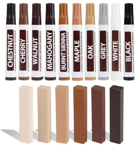 Laminat Reparaturset 16-teilig, 10 Holzmarker und 6 Hartwachse, für Laminat, Parkett und Vinyl, geeignet für Möbel, Arbeitsplatten und Böden, repariert Kratzer, Risse, Löcher und Dellen