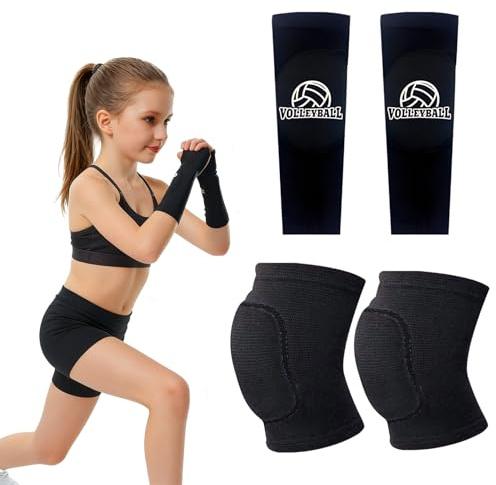 DuoLiAnLiang Volleyball-Schutz Set, 1-Paar Armstulpen + 1-Paar Knieschoner, Sport Unterarm Ärmel -Handgelenkstützemit Schutzpolster und Daumenloch, Schwamm Kollision Knieschutz Knie Schoner, S