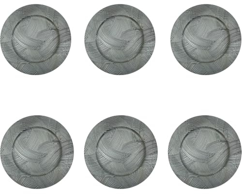 Rammento 6-Pack 33cm Light Grey Wave-Effect Plastic Charger Plates | Hard Plastic Household Plates, Reusable Christmas Dinner Festive Placemat Set for 6 | Non-Food-Safe Set of Dining Table Protectors