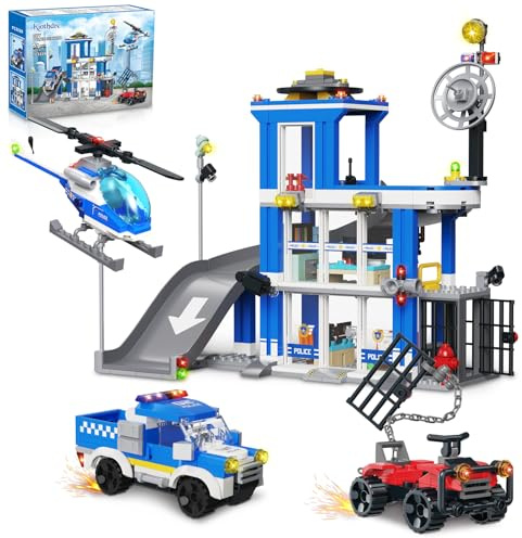 kiothdre City Police Station Building Sets, 601PCS City Police Sets Toy with Police Car Gangster Car Helicopter, Police Building Block Toys Gifts for Kids Boys Ages 6-12