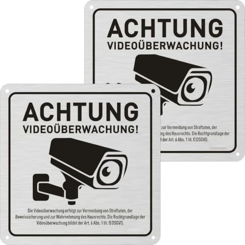 VZU Achtung Videoüberwachung Schild 2Stück 15x15cm, Gebürstetes Aluminium DSGVO Konform Warnschild mit UV-Direktdruck, Selbstklebend + Vorgebohrt für Innen Außen Privat & Gewerbe