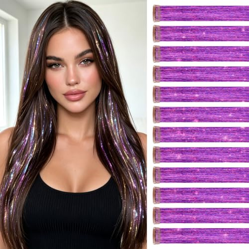 Sofeiyan 12 Pezzi Extension Capelli Glitter Clip,50 cm Viola chiaro Tinsel Extension Capelli,Resistenti scintillanti Extensions Capelli per donne discoteca Carnevale Festa | Fasce di capelli glitterate da 50 cm, accessori per capelli da fata, per donne, carnevale, feste, viola chiaro
