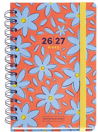 Miquelrius Agenda scolaire 2026/2027 avec vue hebdomadaire sur 12 mois, format A6+ (12,3 x 17,8 cm), carton doublé, double spirale, fermeture en caoutchouc, poche intérieure, autocollants et règle