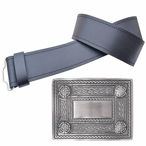 Men's Traditional Leather Kilt Belt & Celtic Buckle Set – 2.25 Wide Adjustable Plain Leather Belt with Antique Silver Scottish Knot Buckle for Highland Dress (Silver Antique, 2XL, 50-54 Inch)