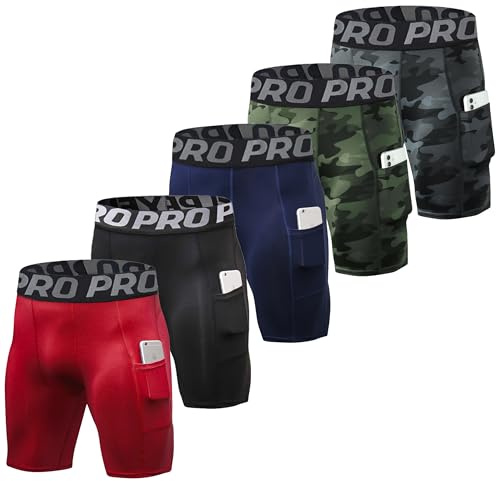 Lot de 3 Short de Compression Homme Short Sport Séchage Rapide Short Cycliste Anti Frottement Fitness Court Collant avec Poche