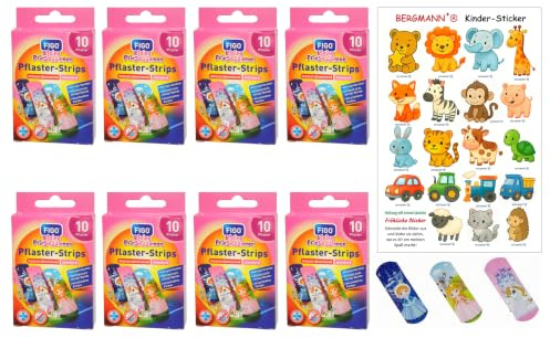 80 tiritas infantiles FIGO, motivos de princesas y gratuitos: pegatinas Bergmann ®, juego de tiritas para niñas y niños, clínicamente probados, resistentes al agua, tiritas, tiritas de colores