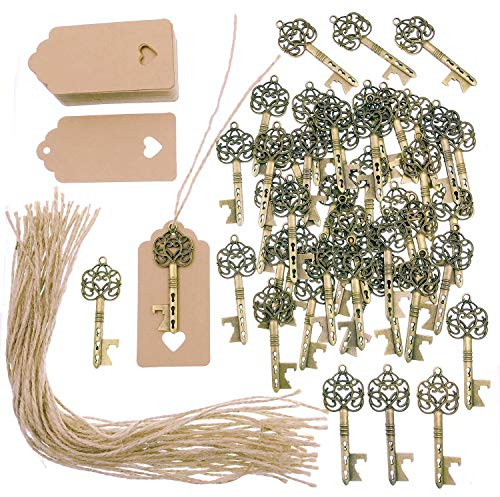 JZK 50 x Chiave apribottiglie Vintage + cartoncino + spago, Chiave Decorativa Bronzo Chiavi bomboniere segnaposto per Matrimonio Shabby Chic Battesimo Laurea