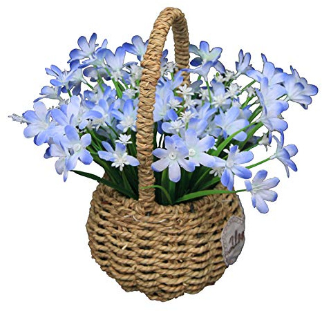 Flikool Artificial Flowers in Woven Flowers Basket Fake Daffodils Artificial Plants Shrubs in Pots Silk Orchids Potted Bonsai Greenery Bushes for Window Balcony Home Office Desk Decoration - Blue
