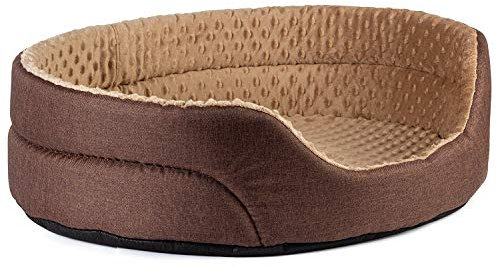 BOUTIQUE ZOO Komfortable Hundebett | Oval Hundekissen für Kleine Hunde oder Katzen | Hohe Qualität Hundeliege, Hundekorb | Polyester und Plüschstoff | Große: Braun/Beige | Farbe: XL (78x70 cm)