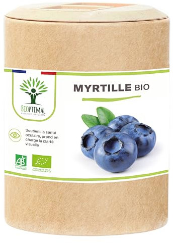 Myrtille Bio - Bioptimal - Complément alimentaire - Clarté visuelle Yeux Antioxydant Circulation - Lutéine Zéaxanthine Vitamine - 240mg par Gélule - Fabriqué en France - Certifié Ecocert - 200 Gélules