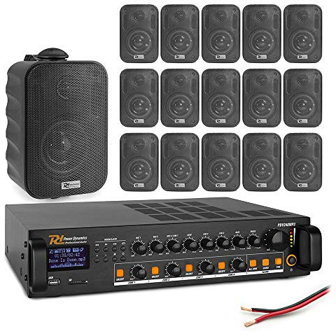 Power Dynamics 4-Zone Wall Mount PA Speaker System with Bluetooth Amplifier, 16x Weatherproof Black 3 Outdoor Speakers, Mixer Amp 240W, Audio Cable - Commercial Background Music Solution