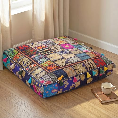 THE ART BOX 88x88x12 Cms Vintage Patchwork Large Outdoor Cushions Large Dog Bed Garden Decor Floor Seat Pillow Boho Decor Cushion (Cover Only)