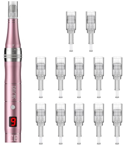 PELCAS Wiederaufladbarer 9 Stufen Derma pen Auto Derma Micro Needle Roller | Electric Pen mit LCD-Bildschirm inkl. 12 Nadelköpfe Tragbares Microneedling Schönheit Gerät