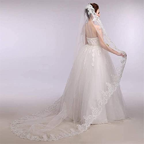 ABWYB Spitze Pailletten Hochzeitsschleier 1 Tier Elegante Brautschleier Zubehör Applique Rand Weiche Tüll Lange Schwanz Frauen Hochzeit Kathedrale Kopfschmuck Heiraten Geschenke für Bräute,Weiß,2.9m