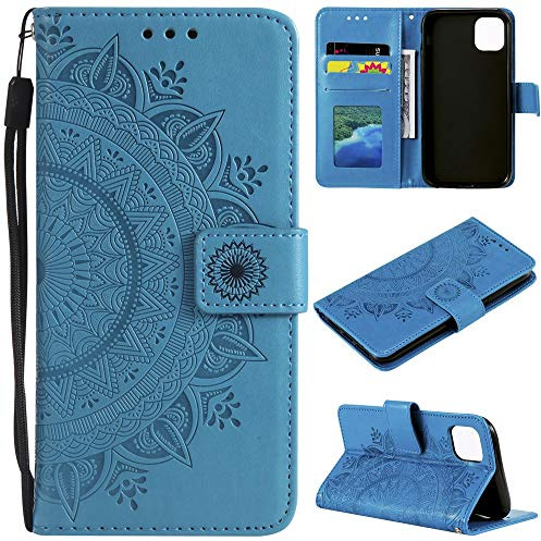 CoverKingz Handy Cover kompatibel mit iPhone 13 Pro - Handyschutz mit Kartenfach Klapphülle - Bookcase Hülle aufklappbar Motiv Mandala Blau