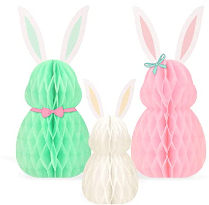 NICROLANDEE Easter Decorations - 3Pcs Mini Easter Bunny Family Honeycomb DIY Table Centerpiece Set for Spring Easter Decors, Kids Birthday, Bunny Themed Party, Garden Party, Egg Hunt Supplies