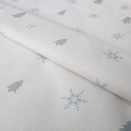 Weihnachtsstoff Schneeflocken Weiß Baumwolle – Winterstoff mit Bäumen, Dekostoff Weihnachten Schnee Meterware 140 cm breit